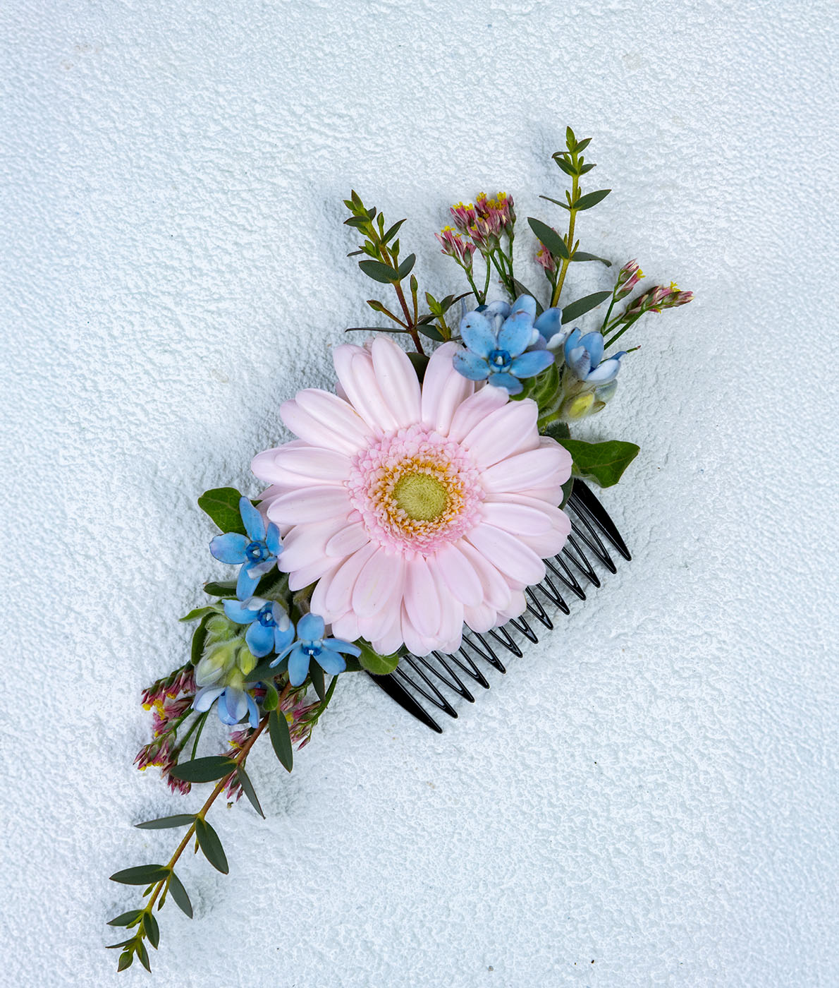 Musta hiuskampa koristeena vaaleanpunainen gerbera ja sinisiä kukkia